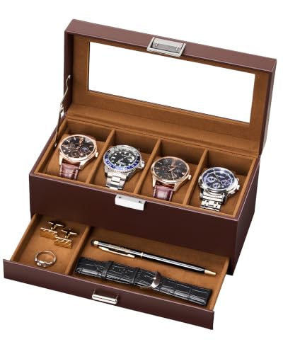 Lolalet 4-Slot Watch Case for Men, Mens Jewelry Box with Glass Lid-Espresso | Watch & Jewelry Box with Drawer, Easy-Clean PU Leather, Soft Removable Pillow, Home Organizer&Display,Dust-Proof, Men's Gift - color: Espresso, size: 4-slot