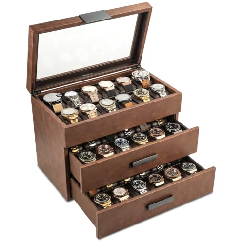 Glenor Co 36 Slot Watch Box for Men - Mens Watch Case w Large Glass Lid, Luxury Carbon Fiber Design Mens Watch Box - Holder for Men w Metal Accents, Watch Display Case Drawer & Leather Pillows – Brown - color: Brown, size: 36 Slot
