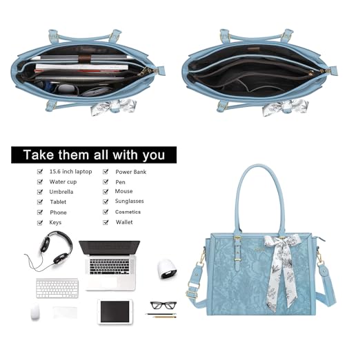 MOSISO Laptop Bag for Women, 15.6-16 inch PU Leather Tote Bag | Compatible with MacBook, HP,Dell,Asus, Front Embossed Retro Hibiscus Computer Bags with Silk Scarf&Clutch Purse, Air Blue - color: Air Blue, size: 16 inch
