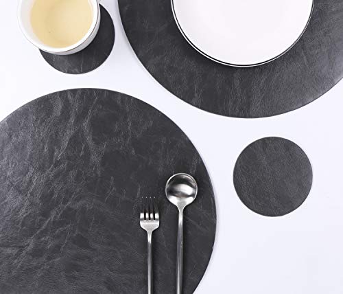 Jovono Set of 4 Round Placemats and Coasters, Faux Leather Table Mats and Desk Coasters, Plate mat Easy to Clean for Round Dining Rable, Diameter 13'' and 3.9'' Gray - color: E Graphite Grey, size: Set of 4