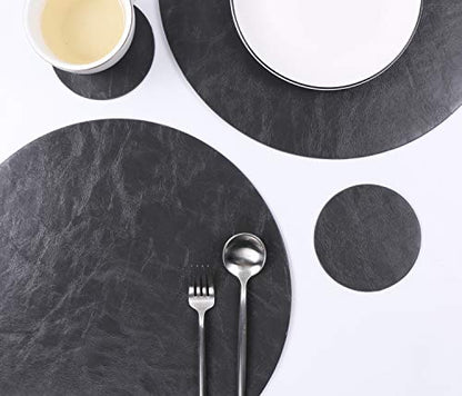 Jovono Set of 4 Round Placemats and Coasters, Faux Leather Table Mats and Desk Coasters, Plate mat Easy to Clean for Round Dining Rable, Diameter 13'' and 3.9'' Gray - color: E Graphite Grey, size: Set of 4