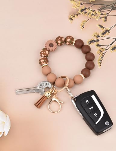 BAOSIWA Silicone Beaded Keychain Wristlet Key Ring Bracelet Cute Car Key Chain Holder for Women Girls - color: Daisy Coffee