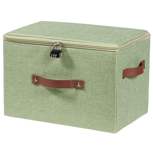 Lockable Storage Bins Box with Zipper Lid Combination Lock | Cotton Linen Fabric Baskets, Foldable Washable Closet Shelf Organizer Container, w/ PU Leather Handles, Light Green, Large - color: Light Green, size: Large ( Set of 1 )