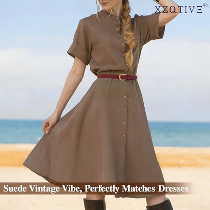 XZQTIVE Women’s Braided Suede Belt – Adjustable Woven Waist Belt with Gold Buckle for Dresses, Jeans & Casual Outfits - color: Burgundy, size: Medium: fits waist from 33"-37"