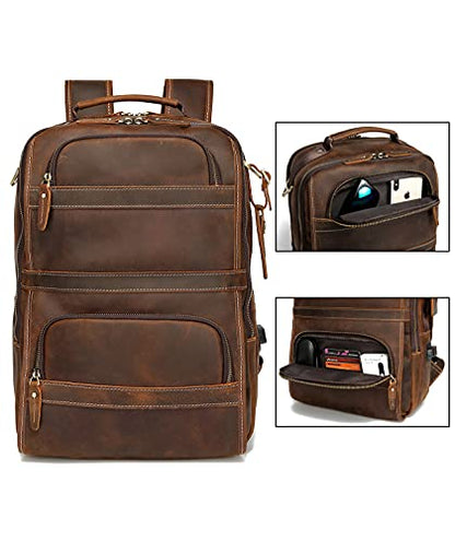 LANNSYNE Full Grain Leather Backpack for Men, 16" Laptop Travel Work Bag | USB Charging Port, metal hardware, Roomy wide-open main compartment, multi pockets, luggage strap, S-curve straps, card slots - color: Brown