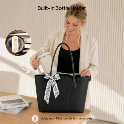 Work Tote Bag for Women, Laptop Tote Fits 15.6Inch Computer,Faux Leather Office Bag with Bottle Holder Shoulder Handbags - color: Black