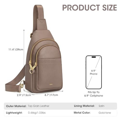 Kattee Sling Bag for Women, Leather Crossbody Bag for Travel, Khaki | Top Grain Pebbled Leather. RFID back pocket, small chest bag fit 6.9-inch phone, fanny pack with adjustable strap. - color: Khaki