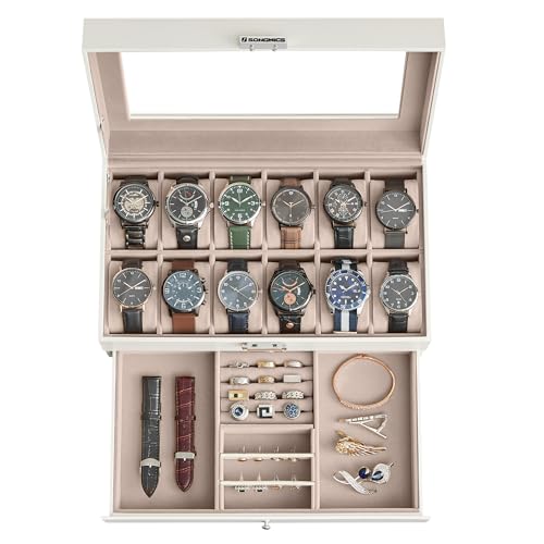 SONGMICS 12-Slot Watch Box, Lockable with Glass Lid, 2 Layers Watch Case | For Rings, Bracelets, Gift Idea, White Synthetic Leather, Tan Lining, BRIDIE Collection, UJWB012W01 - color: Cloud White + Cappuccino Beige, size: 12 Slot