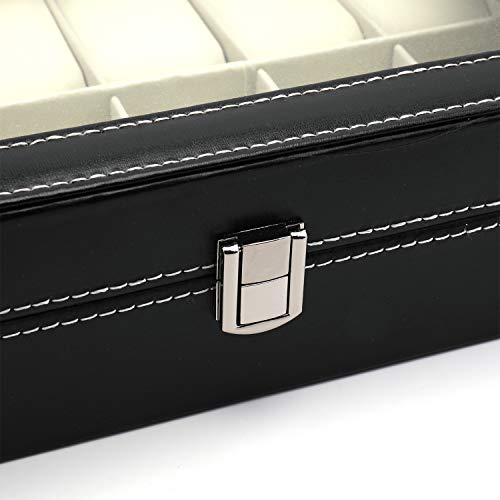 12 Slot Leather Watch Box Display Case Organizer with Framed Glass Lid Elegant Contrast and Removable Pillow for Men and Women Watch and Jewelry Large Holder Boxes