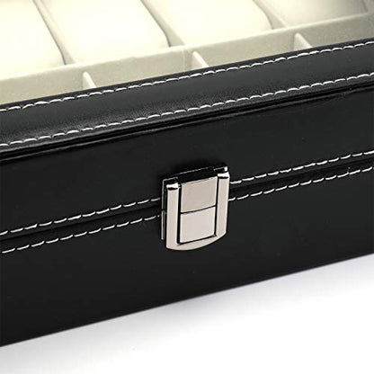 12 Slot Leather Watch Box Display Case Organizer with Framed Glass Lid Elegant Contrast and Removable Pillow for Men and Women Watch and Jewelry Large Holder Boxes