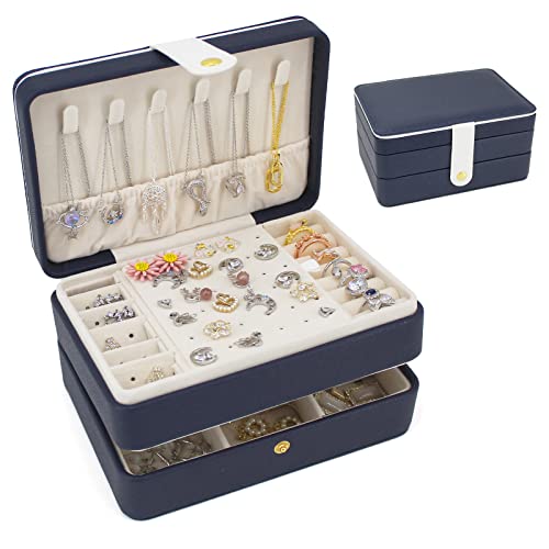 KOOAAICCHI Small Travel Jewelry Organizer Portable Jewelry Holder-Blue | Compact 2‑layer storage case, practical gift for women. Neatly stores rings, earrings, necklaces for home storageuse - color: JS-Blue