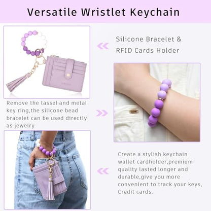 BAOSIWA Silicone Bracelet Keychain Wallet for Women Wristlet Card Holder Slim RFID Wallet with Zipper Pocket - color: Purple