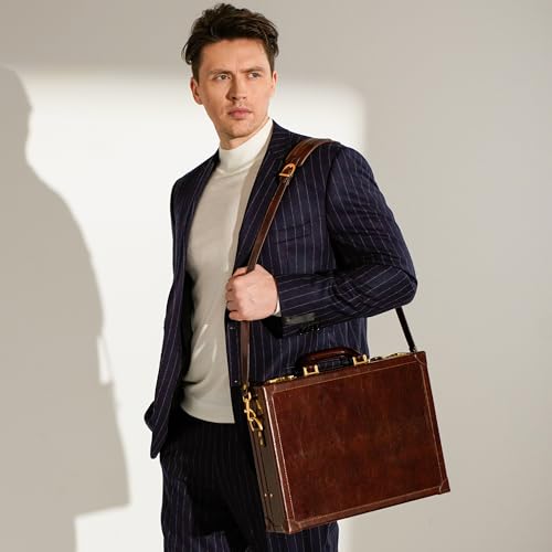 Time Resistance Leather Attache Case - Full Grain Italian Leather Briefcase - Laptop Bag up to 15” - Hard Case with Lock