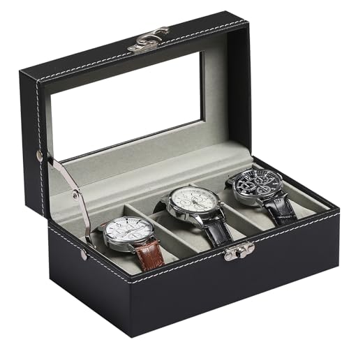 AUTOARK Leather & Velvet 3 Watch Box Glass Top Jewelry Display Lockable Case Organizer,Removable Watch Pillows,Black,MKAW097 - color: Black + Grey, size: 3 Slot