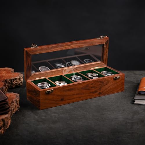 Handmade Mens watch box, Watch display case, Indian Rosewood single watch box case organizer for men, Velvet lining glass lid, Solid Gift for Him | Made for Special Events (FIVE SLOT) - size: FIVE SLOT
