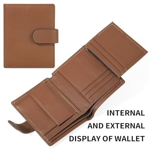 Men's Genuine Cowhide Leather Trifold Wallet with RFID Blocking, Snap Button, 10 Card Slots, Coin Pocket, ID Window (Brown) - color: Brown