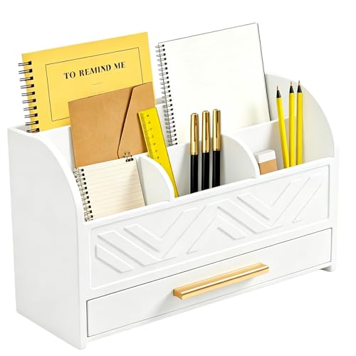 Charmewooden White Desk Organizer with Drawer, Pen Holder & Mail Sorter for Home Office - color: White