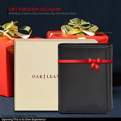 Real Leather Mens Trifold Wallet - RFID Slim Minimalist Front Pocket Gift - color: Black