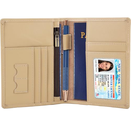 STAR VISTA Phoenix Leather Passport Holder, Calfskin Travel Wallet - RFID Blocking, ID Window, Zipper Pocket, Pen & Notebook Included, Ivory - color: Ivory B