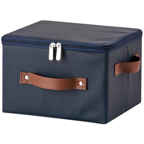 Storage Bins with Zipper Lid PU leather Storage Boxes Leather Fabric Collapsible Lidded Baskets Cube with Handle Decorative Shelves Closet Office Organizer Container(Dark Blue, Small Size) - color: Dark Blue, size: Small(set of 1)