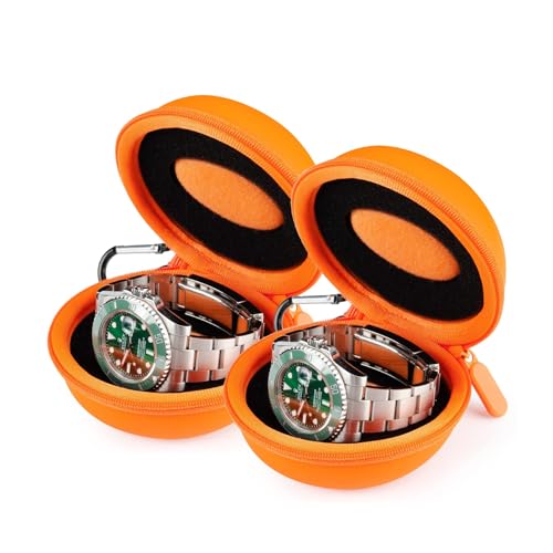 2Pack Single Box Watch Travel Case for Men, Portable Organizer | Fits Wrist & Smart Watches Up To 50mm, 1-Slot Shockproof Eva Storage Holder W/ Carabiner Clip, For Travel, Gym & Outdoor Use - color: Double Orange