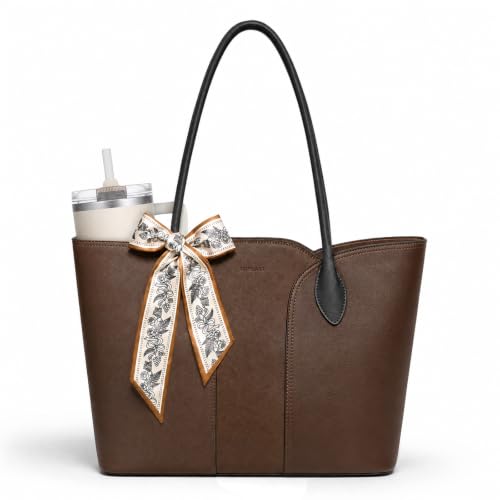 Work Tote Bag for Women, Laptop Tote Fits 15.6Inch Computer,Faux Leather Office Bag with Bottle Holder Shoulder Handbags - color: Brown