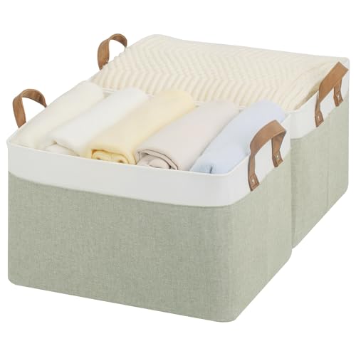 StorageWorks Fabric Storage Bins for Shelf, Green and White, Large, 2-Pack | With Reinforced Soft PU Handles, Sturdy Metal Frame, Collapsible, Storage Basket for Closet, Holds Clothes, Towels, Blankets - color: Green and White, size: 16 ½" L x 12" W x 10