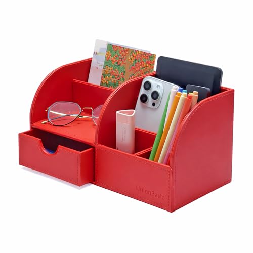 UnionBasic Desk Organizer - Multifunctional Leather Desktop Pen Holder Storage Box - Business Card/Pen/Pencil/Mobile Phone/Stationery Holder, Red - color: Red