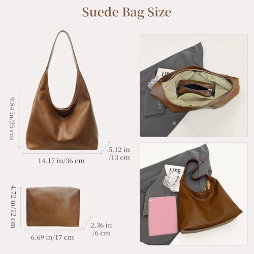 Hobo Bags for Women Slouchy Shoulder Bag Soft Vegan Leather Purse Everyday Handbags Large Work Tote Bag - color: Brown