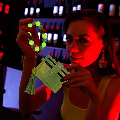 Keychain Wallet Wristlet Small Credit Card Holder Bracelet Key Chain Purse Bangle Tassel Beads Key Rings for Women - color: 01-lemon Noctilucent
