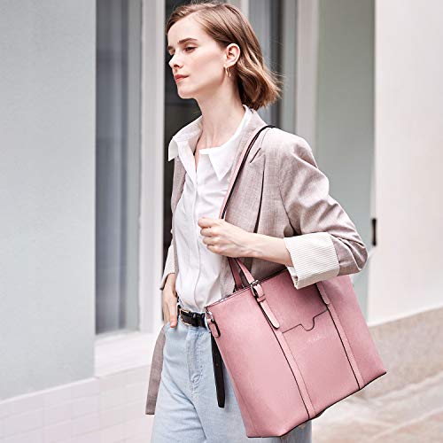 BOSTANTEN Genuine Leather Laptop Bag for Women 15.6'' Briefcase Tote Bags | Laptop Compartment, Structured, Professional, Detachable & Adjustable Shoulder Strap, Metal Feet, Work, Office, Business - color: K-pink