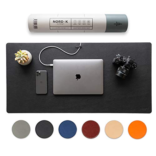Nordik Leather Desk Mat - Pebble Black - Large Leather Desk Pad (35x17 in) | Premium Vegan Leather Desk Pad with Cable Organizer, Giftable, Extended Waterproof Mouse Mat, Non-Slip Desk Pad Protector - color: Pebble Black
