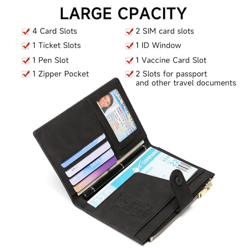 RFID Blocking Leather Passport Wallet Cover Case with Pen and Card Slots Travel Wallet for Women/Men Travel Must Haves Accessories - color: D-Black