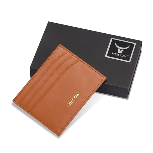 HISCOW Slim Full Grain Leather Card Holder, Cognac | Men's minimalist EDC wallet, front pocket carry, 6 credit card slots & center pocket, fits folded bills, premium gift box - color: Cognac