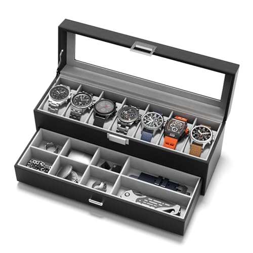 Watch Case Box for Men - 7 SLots Watches Storage Organizer Real-Glass Display Case with Jewelry Drawer 2-Layer PU Leather Collection Holder Gift for Loved Ones Black - size: 7 Slots, Black