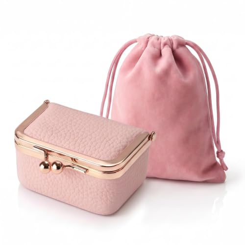 WGO&MJC Genuine Leather Mini Travel Jewelry Box Kiss Lock Closure (Pink) | Portable Travel Jewelry Case for Rings & Earrings | Coin Purse | Includes Velvet Pouch | Gift for Women | Fits in Purse - color: Pink