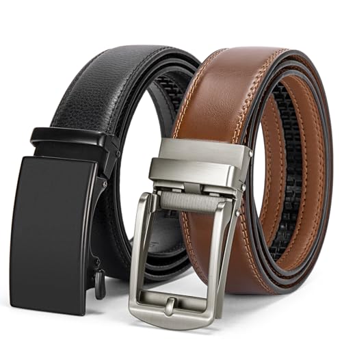 BOSTANTEN Leather Ratchet Belts for Men 2 Pack Trimmable 1 3/8“ Gift Boxed - color: 010-black and Brown, size: 32"-38" Waist Adjustable