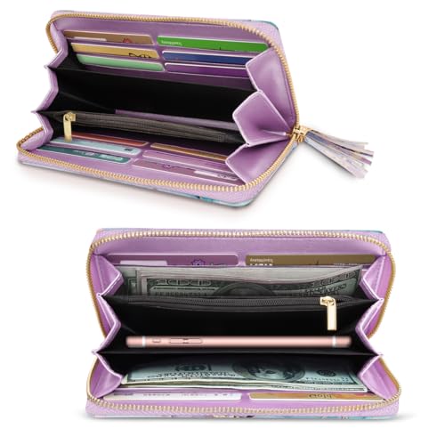 Coco Rossi Wallet for Women RFID Blocking Zipper Around Credit Card Holder | PU Leather, Zipper Around, Multi Card Case, Clutch with Tassel Wristlet Wrist Strap, Gradient Marble, Gifts for Girls Ladies - color: Gradient Marble