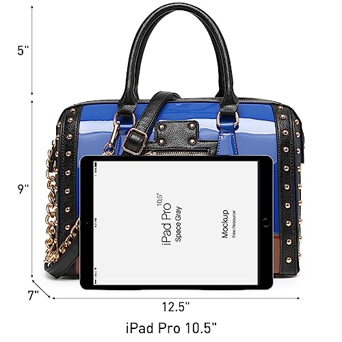 Dasein Women's Barrel Bag Shiny Patent Faux Leather Handbag with Rivet Decoration Top Handle Satchel Shoulder Purse - color: Larger Blue