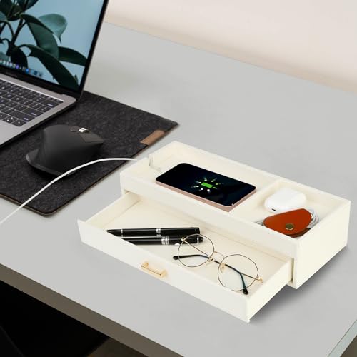 HofferRuffer Valet Jewelry Tray Organizer with Drawer, Faux Leather Storage Catchall Box Phone Charging Station Tray with Dresser Nightstand Desktop Drawer Organizer (White) - color: White