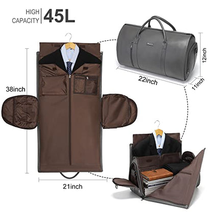 Garment Bags for Travel, 45L Carry-On Convertible Duffle with Strap | 2-in-1 hanging suit bag converts to duffel, shoe compartment, waterproof PU leather, wrinkle-free, detachable strap - color: C-Grey