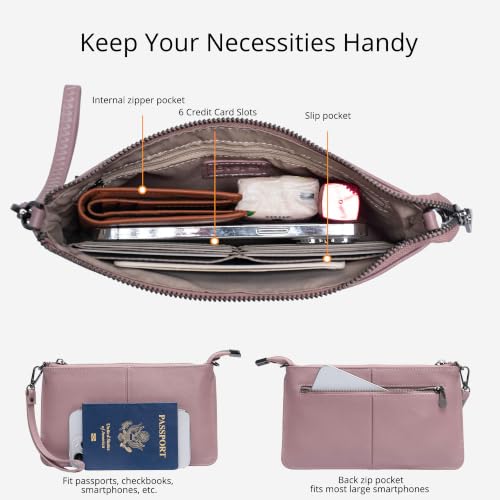 Bveyzi Genuine Leather Wristlet Purses for Women, Envelope Clutch Wallet Small Crossbody Bags for Dressy Evening - color: Dusty Rose