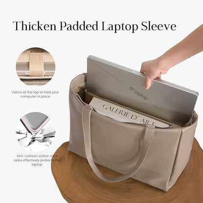 befen Genuine Leather Work Tote Bag for Women with 15" Compartment | Real Leather, 15" Laptop Sleeve, Trolley Strap, Zipper, Cup Holder - color: Taupe