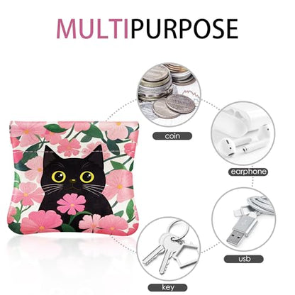 Travelambo Leather Squeeze Coin Purse Pouch Change Holder For Men & Women - color: Pink Floral Cat