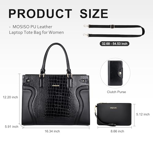 MOSISO Laptop Tote Bag for Women, 15.6 inch PU Leather Laptop Bag | Waterproof Crocodile Grain Shoulder Bag with Clutch Purse, Large Capacity Teacher Work Handbag for Business Office, Black