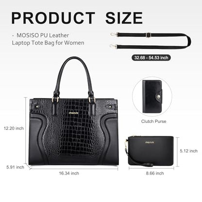 MOSISO Laptop Tote Bag for Women, 15.6 inch PU Leather Laptop Bag | Waterproof Crocodile Grain Shoulder Bag with Clutch Purse, Large Capacity Teacher Work Handbag for Business Office, Black