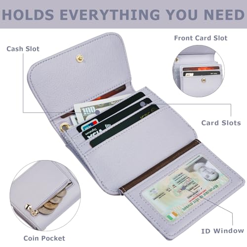 Women Small Wallet RFID Blocking Slim Wallet with Coin Pocket Tri-Fold Credit Card Holder with ID Window and Keychain (Purple) - color: Purple