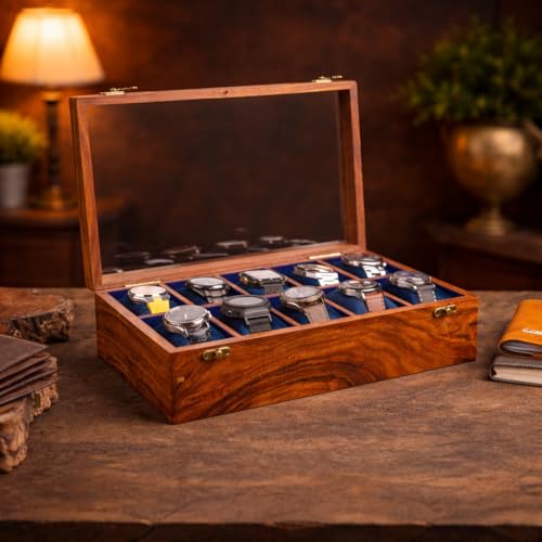Premium Watch Box Organizer for Men and Women - Wooden Mens Watch Display Case, Luxury Rosewood Organiser, Velvet Lining, Glass Top, Best gift for him, Vintage home for watches (10 SLOTS) - size: 10 SLOTS