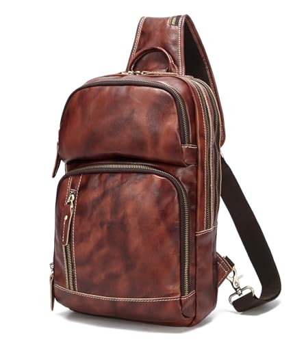 LANNSYNE Full Grain Leather Sling Bag For Men, Crossbody Bag fits 12.9" iPad Crossbody Chest Daypack - color: Coffee