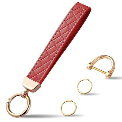 Weixiltc Quilted Leather Wristlet Keychain, D-Ring Car Key Holder | Quilted faux leather & gold hardware. D-ring for car keys + 2 split rings. Hands-free, anti-loss for commute & travel - color: Red